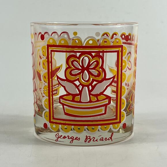 Georges Briard Mid-Century Lowball Glasses Set of 6 Red Yellow Flower Retro - Picture 7 of 7